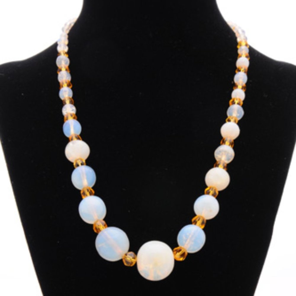 Smoky White and Gold Glass Crystal Bead Necklace - Vintage from the 1940s